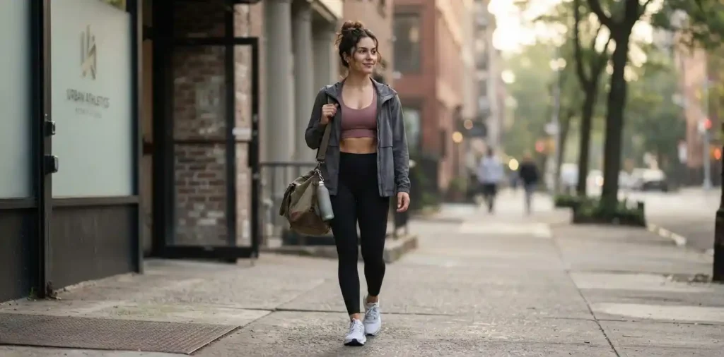 Woman posing naturally in stylish gym attire