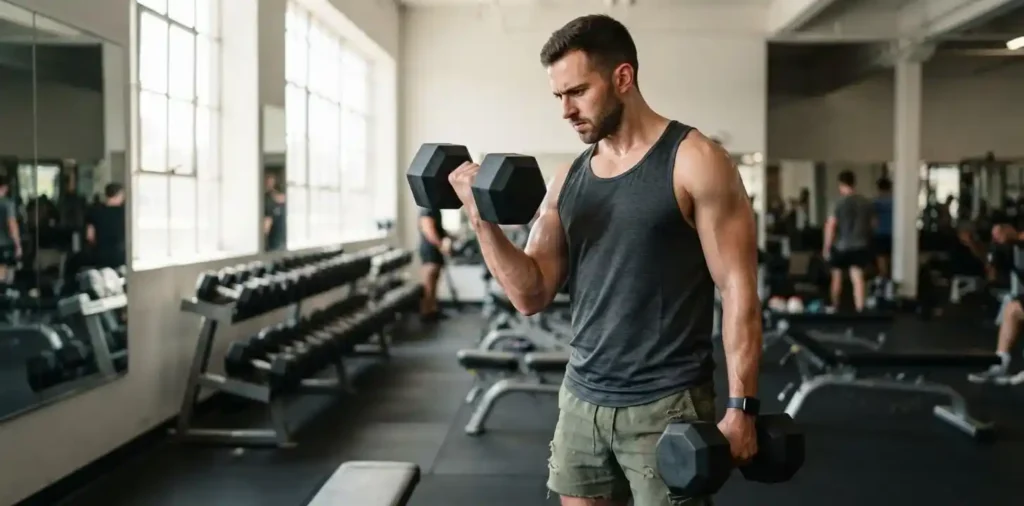 Man performing dumbbell curls during arm workout