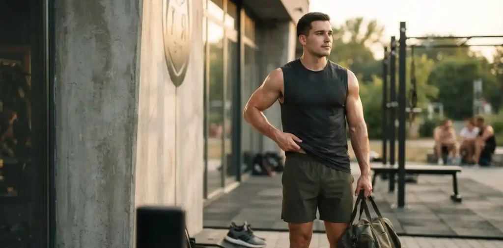 Man lifting a barbell during bodybuilding training