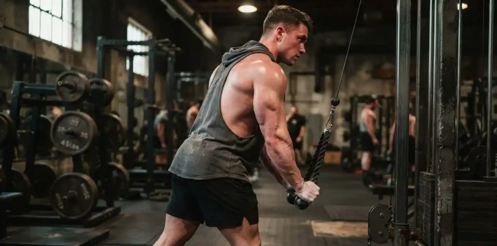 Bodybuilder training arms with cable machine