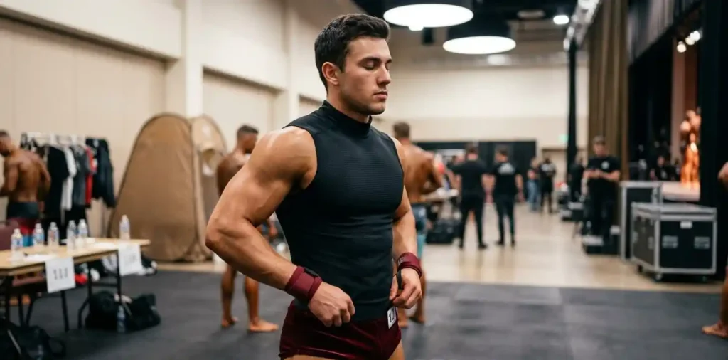 Bodybuilder preparing backstage before fitness competition
