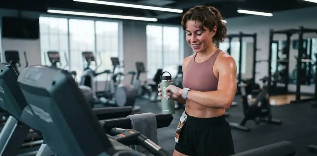 Woman tracking cardio progress after treadmill workout