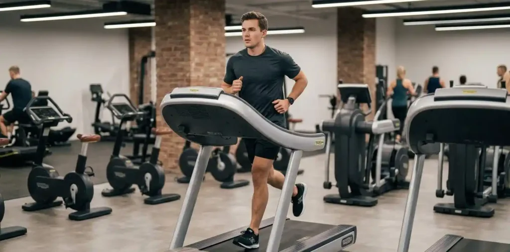 Man running on treadmill during gym workout