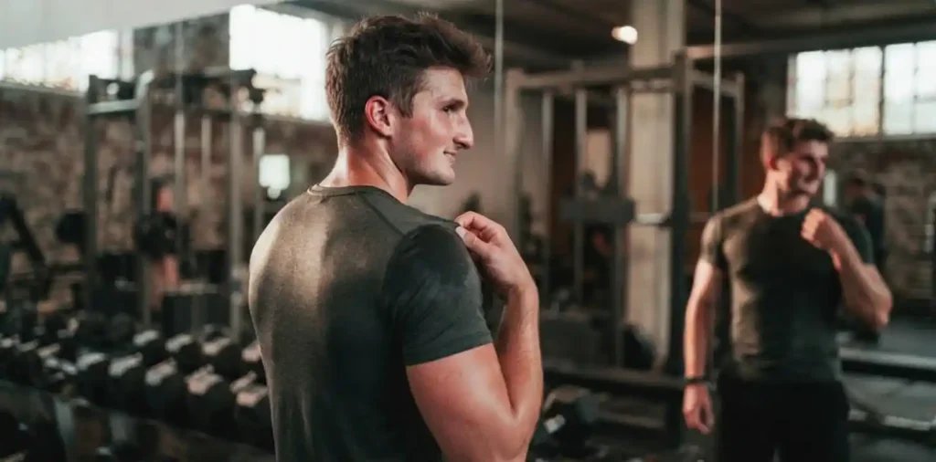 Athlete checking chest muscles after workout