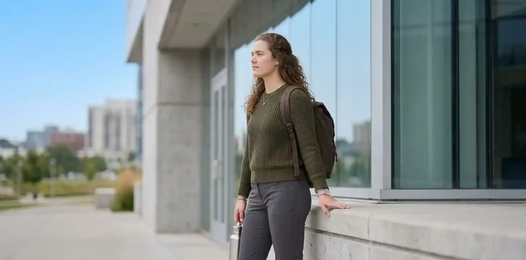 Confident woman standing proudly in an urban setting