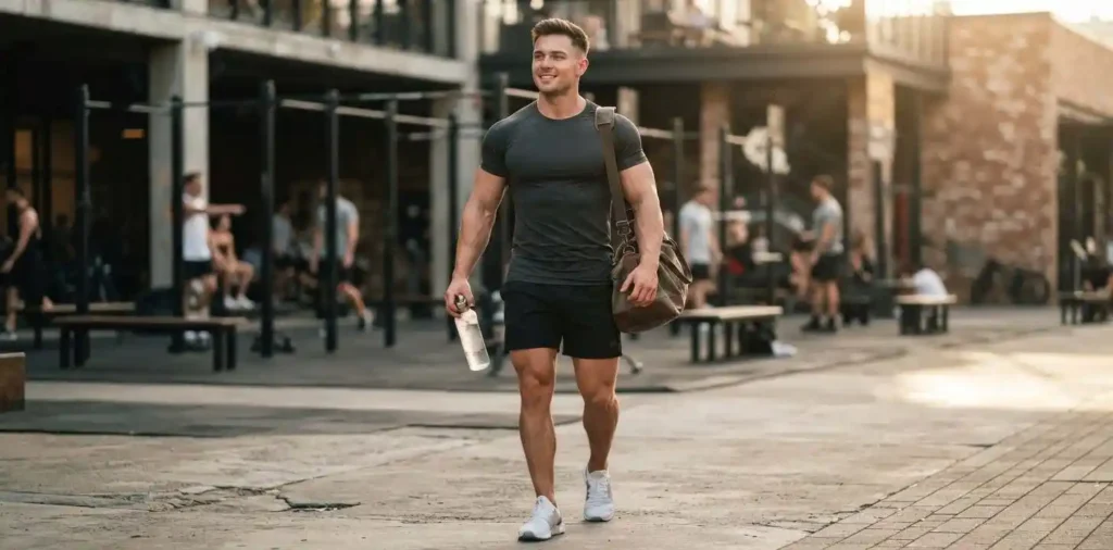 Confident athlete walking after strength training