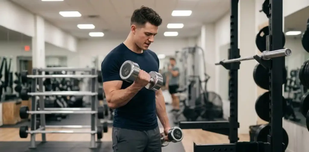 Man training with dumbbells and barbell