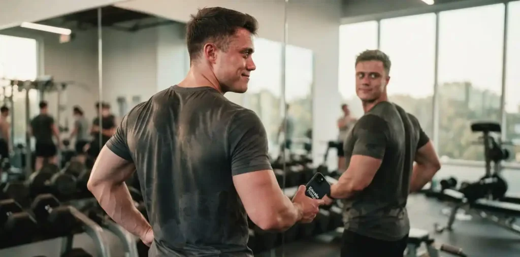 Athlete checking back progress in gym mirror