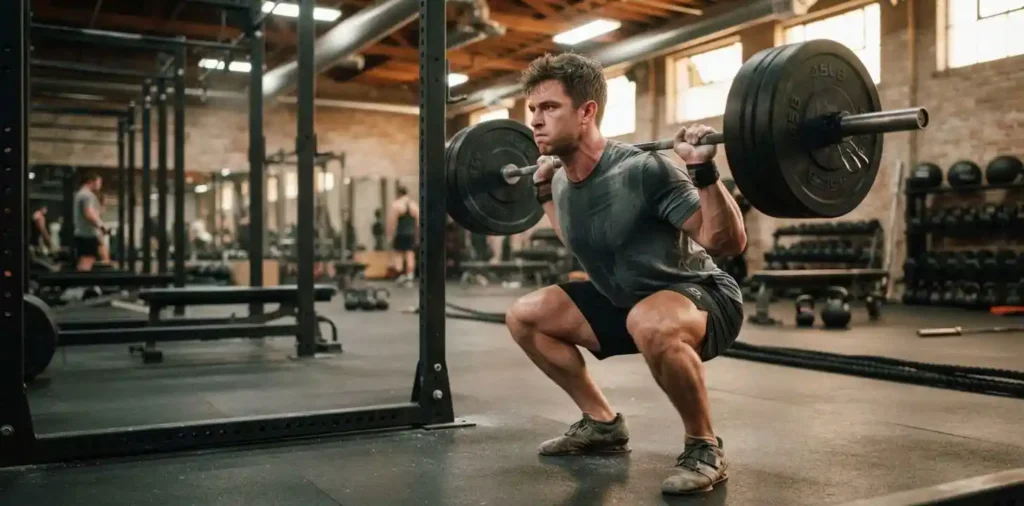 Man training with barbell inside modern gym