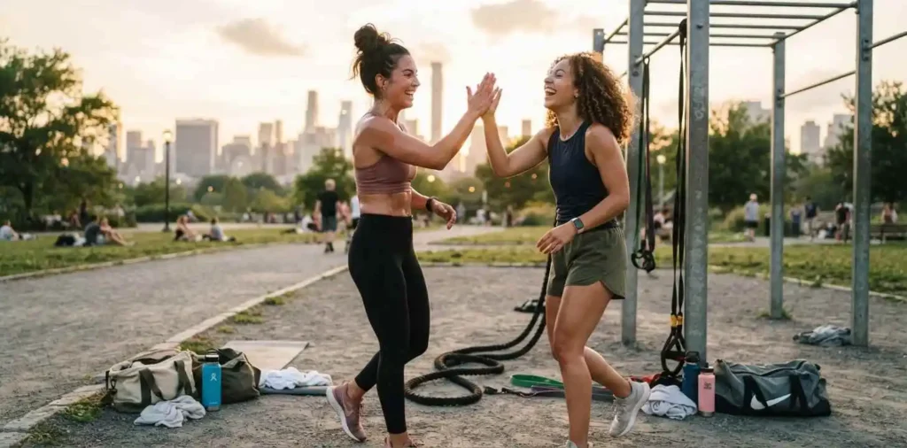 Two friends encouraging each other during workout