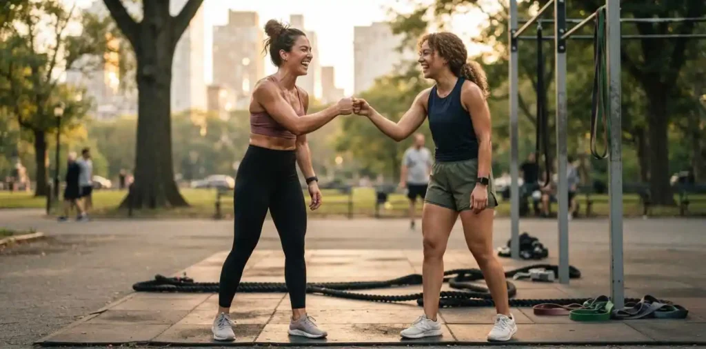 Two friends training together at the gym