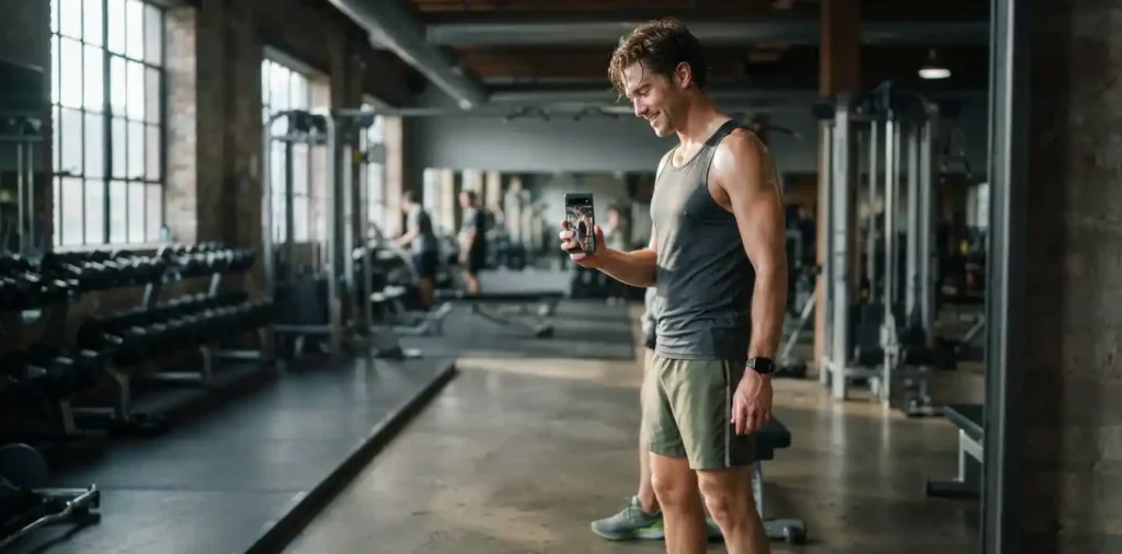 Man taking a progress selfie in gym mirror