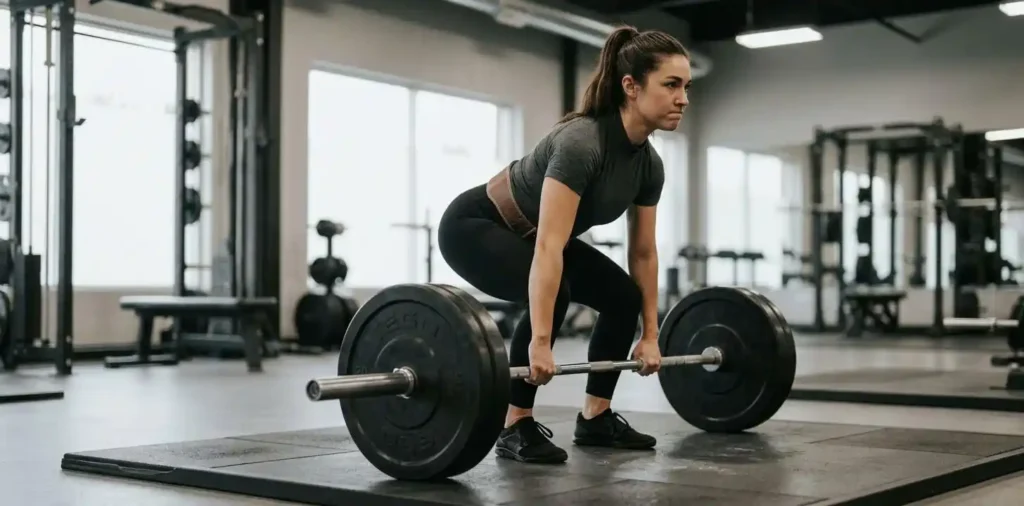 Woman performing a heavy barbell deadlift