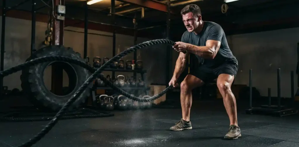 Athlete performing battle rope training indoors
