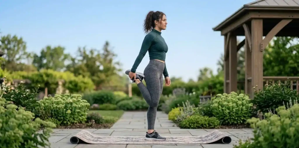 Woman stretching outdoors during early morning workout
