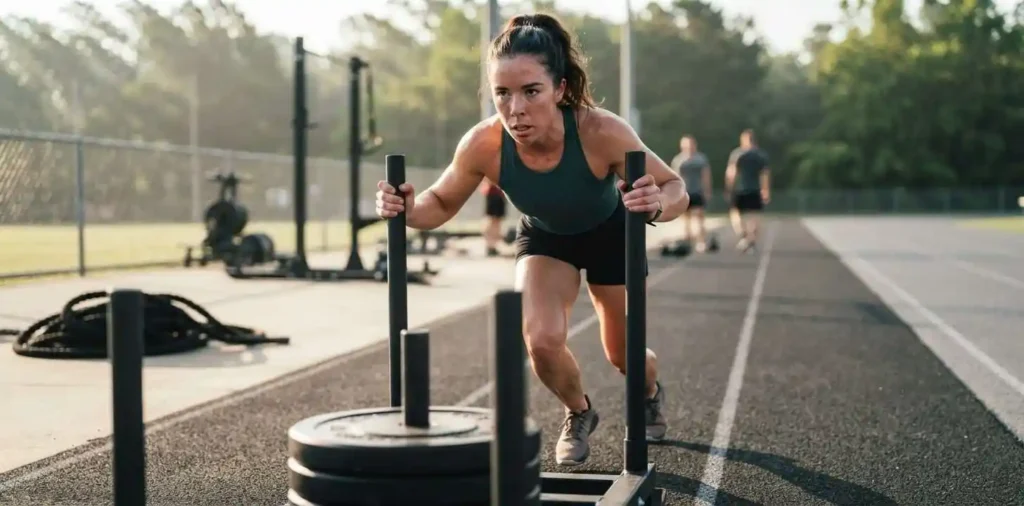 Woman completing functional fitness circuit outdoors
