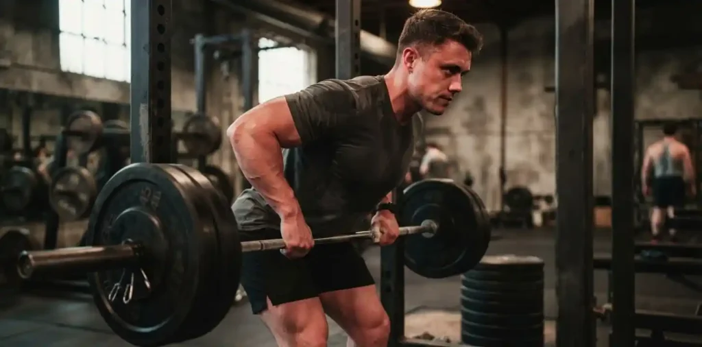 Man training back muscles during intense gym session