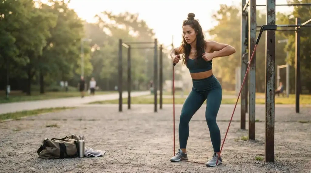Woman training arms outdoors with determination