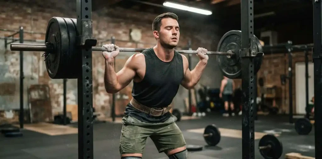 Athlete performing determined barbell squat