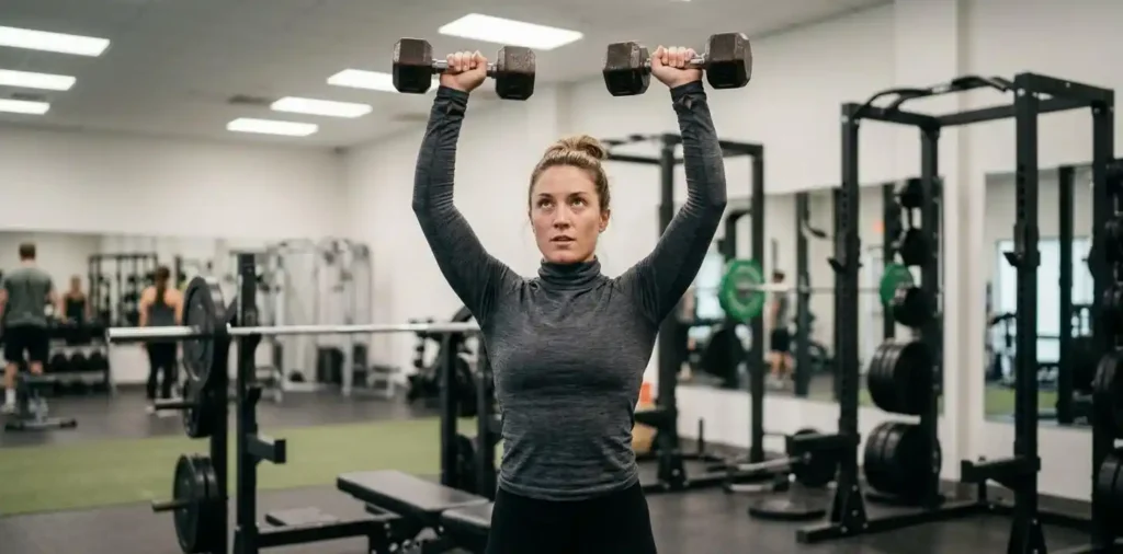Woman confidently lifting dumbbells in modern gym