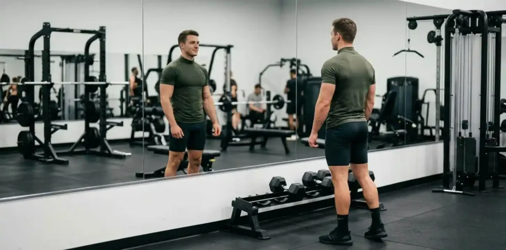 Bodybuilder checking physique in gym mirror
