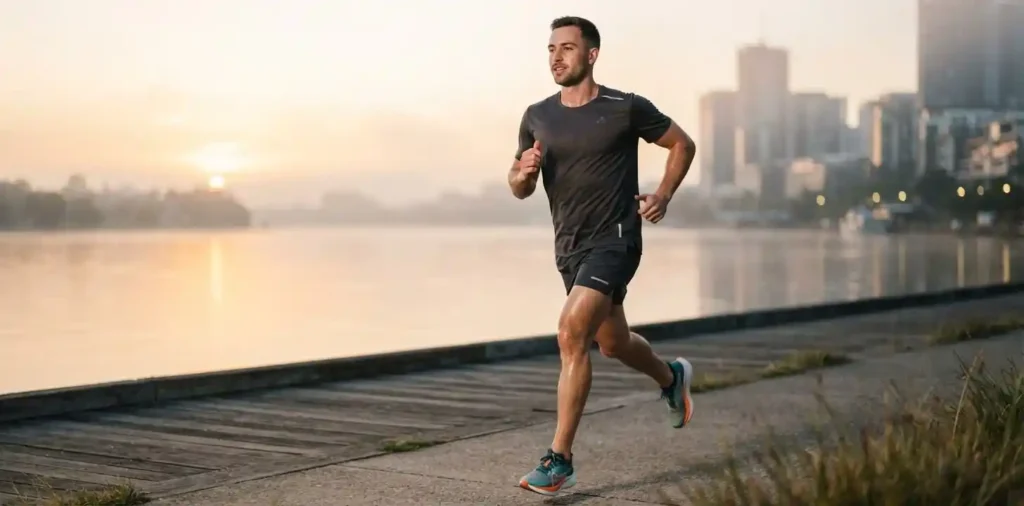 Runner completing an energetic outdoor morning run