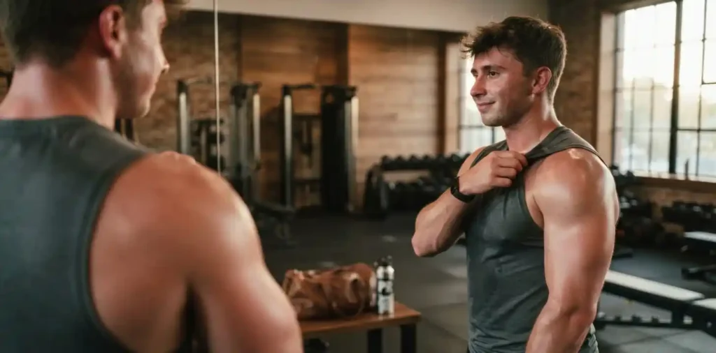 Athlete comparing shoulder development in mirror