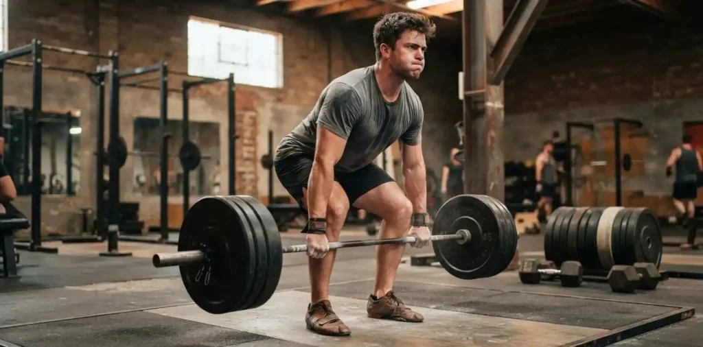 Man training with heavy weights in gym
