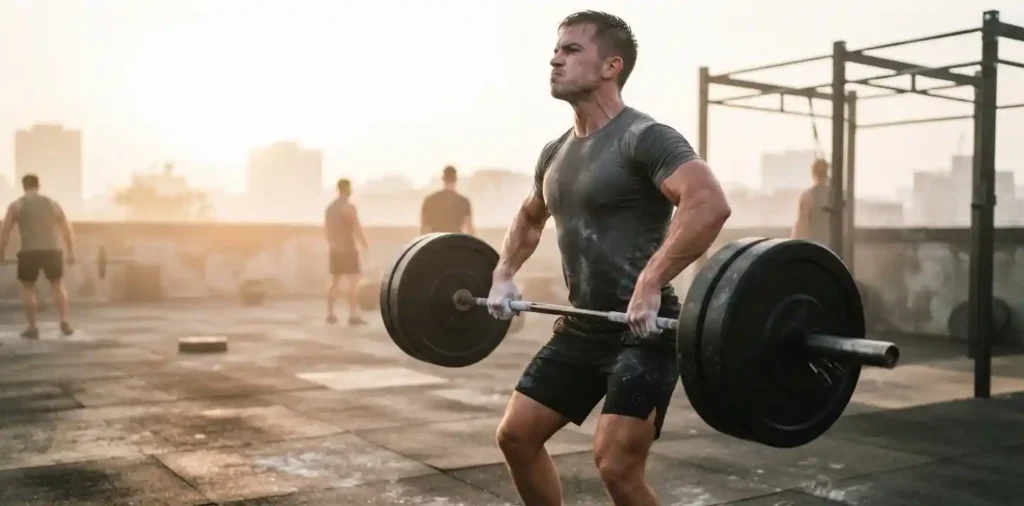 Athlete training strength with heavy barbell