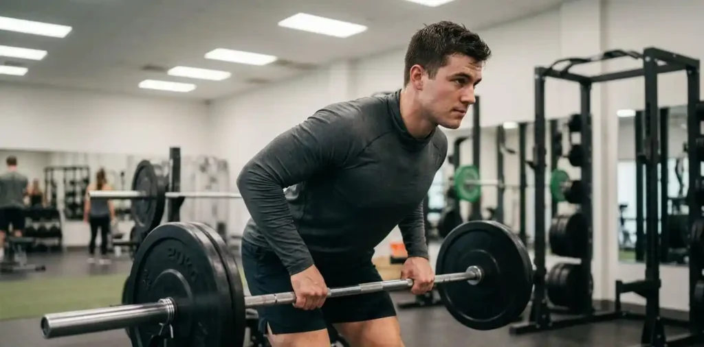 Strong man lifting barbell in training gym
