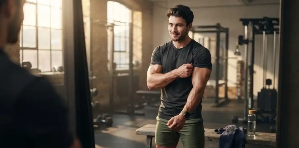 Man checking arm progress after workout
