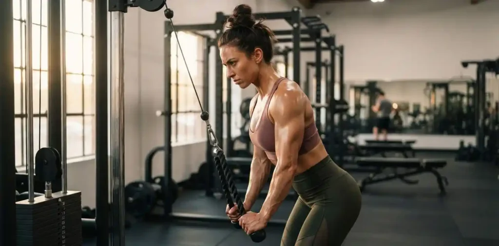 Athlete performing cable tricep workout