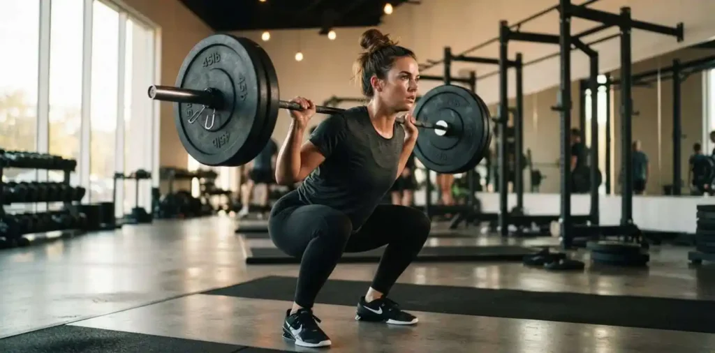 Woman lifting weights during intense gym workout