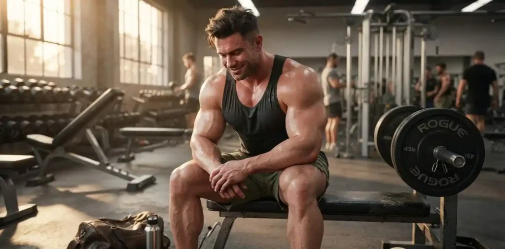 Bodybuilder resting after chest training session