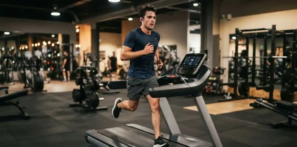 Woman running intensely on gym treadmill