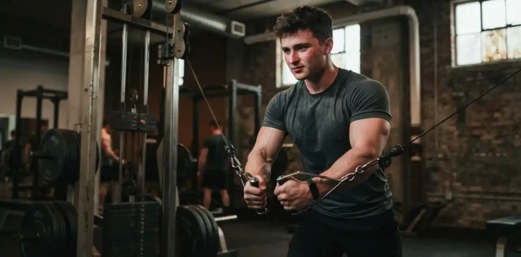 Man pushing through intense chest workout