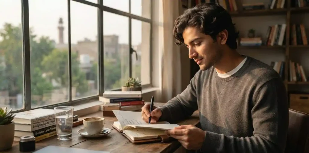 Man following morning routine beside window