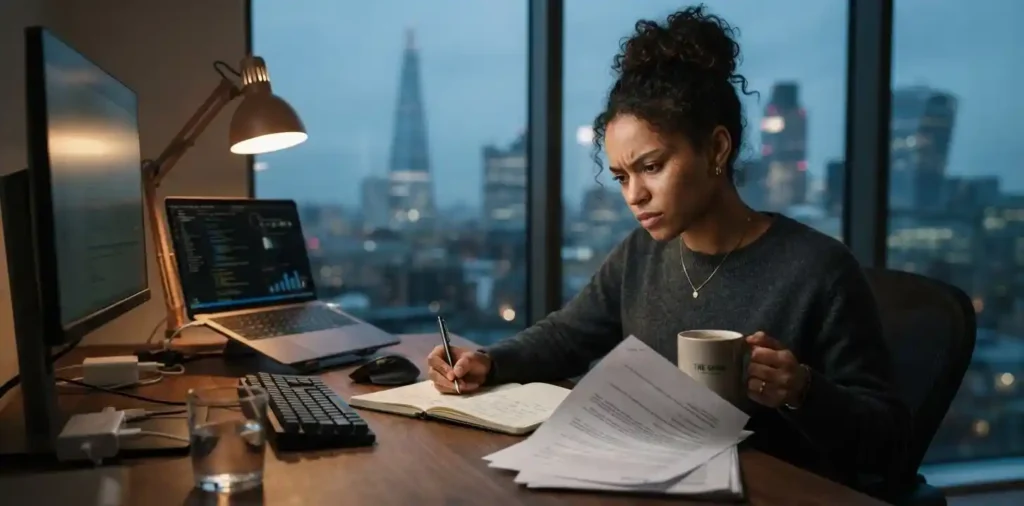 Focused entrepreneur working late at desk