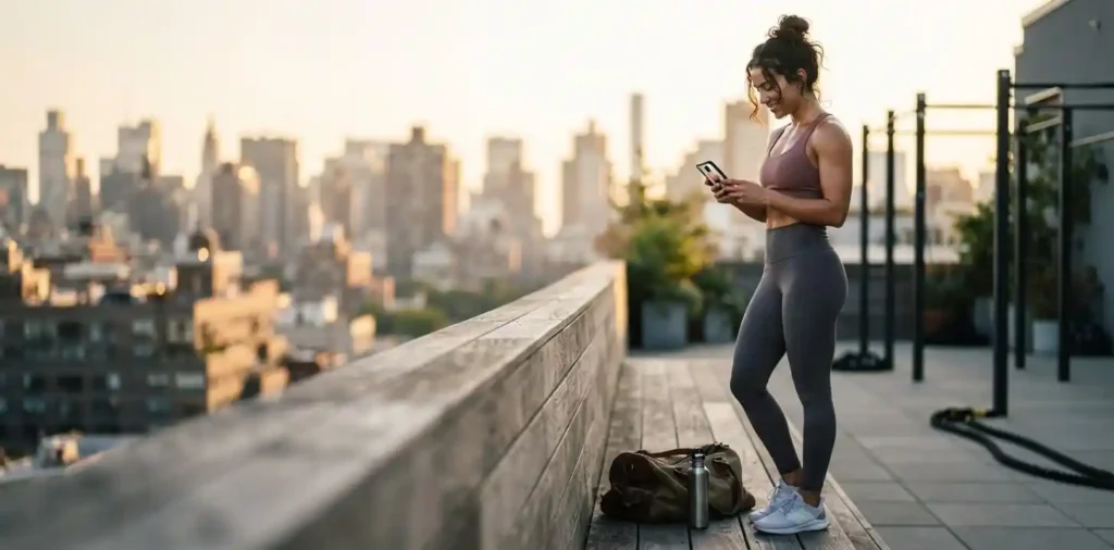 Woman reflecting on fitness progress outdoors