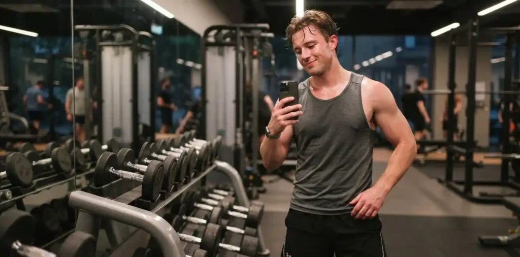 Woman taking post-workout mirror selfie at gym