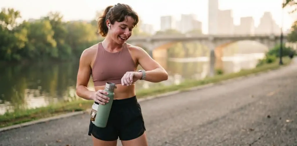 Runner posing naturally beside city running path