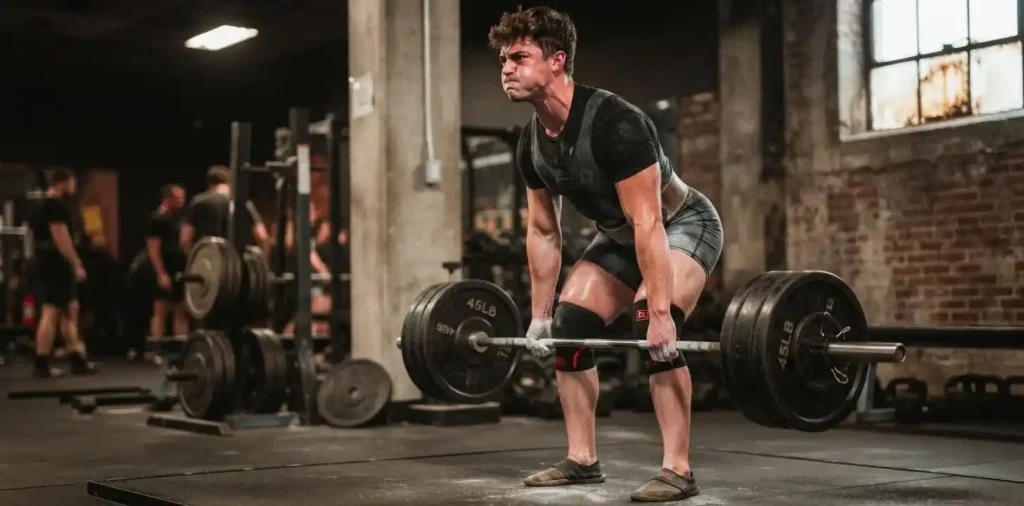 Powerlifter completing heavy barbell deadlift