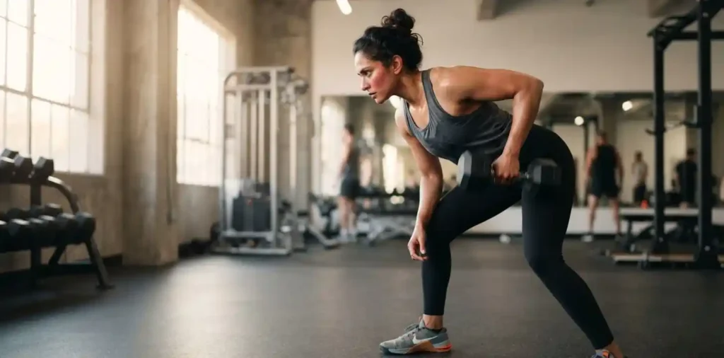 Woman lifting weights during focused gym workout