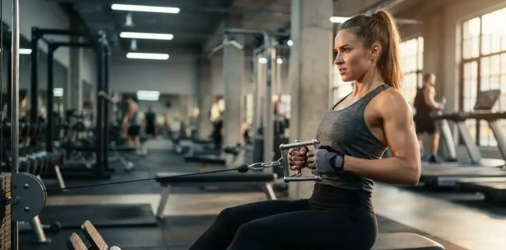 Athlete training back muscles with cable machine