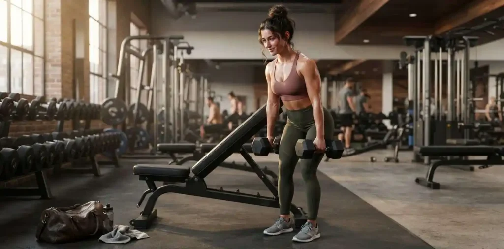 Woman performing dumbbell shoulder presses in gym