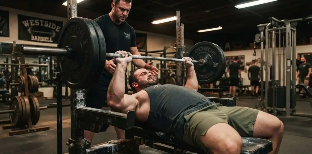 Athlete pushing through heavy bench press