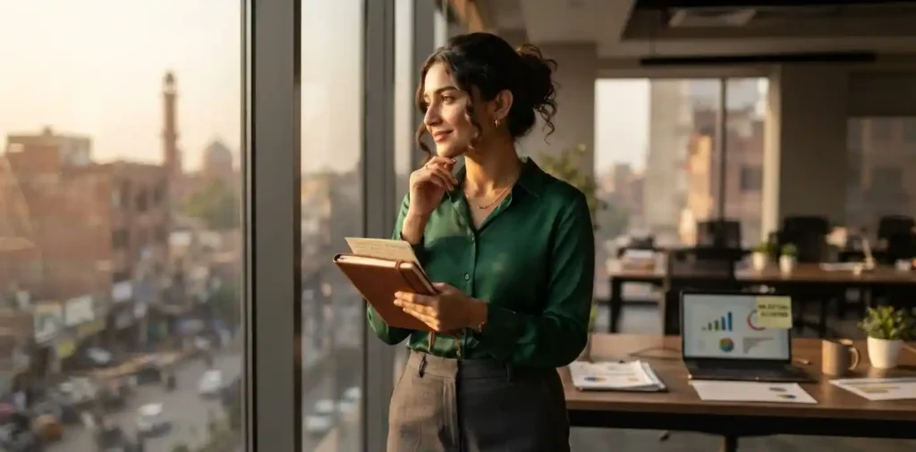 Woman celebrating a career milestone in modern office