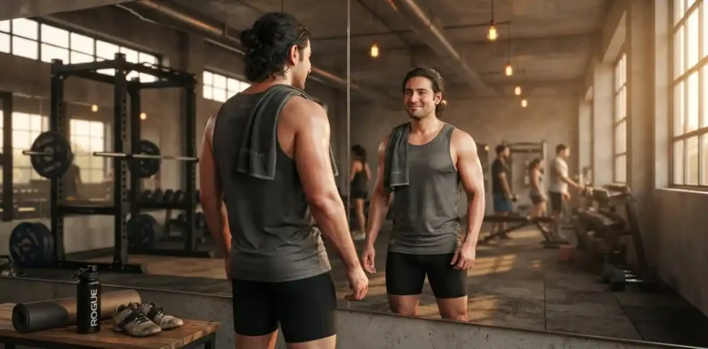 Man admiring fitness progress in gym mirror